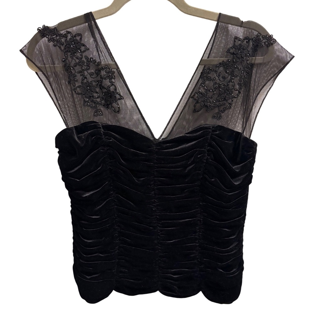 Y2K Goth Corset Blouse Jeffrey & Dara Women Black Velvet Mesh Embroidered Beaded